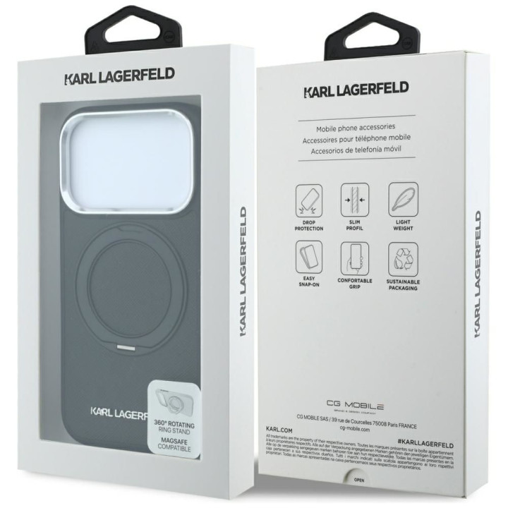 KARL LAGERFELD case for IPHONE 18 Pro Max/17 Pro Max compatible with MagSafe (Ring Stand 360 Saffiano Classic Logo) black