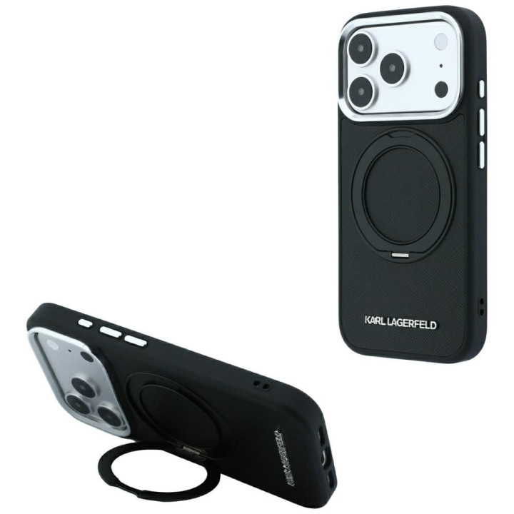 KARL LAGERFELD futerał do IPHONE 18 Pro Max/17 Pro Max kompatybilny z MagSafe (Ring Stand 360 Saffiano Classic Logo) czarny