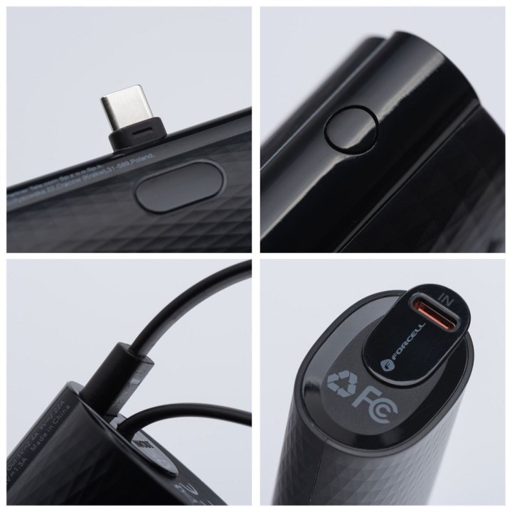 Повербанк Forcell F-Energy Power Plug F5K3 PD 20W 5000 mAh з вбудованим роз'ємом USB C чорний