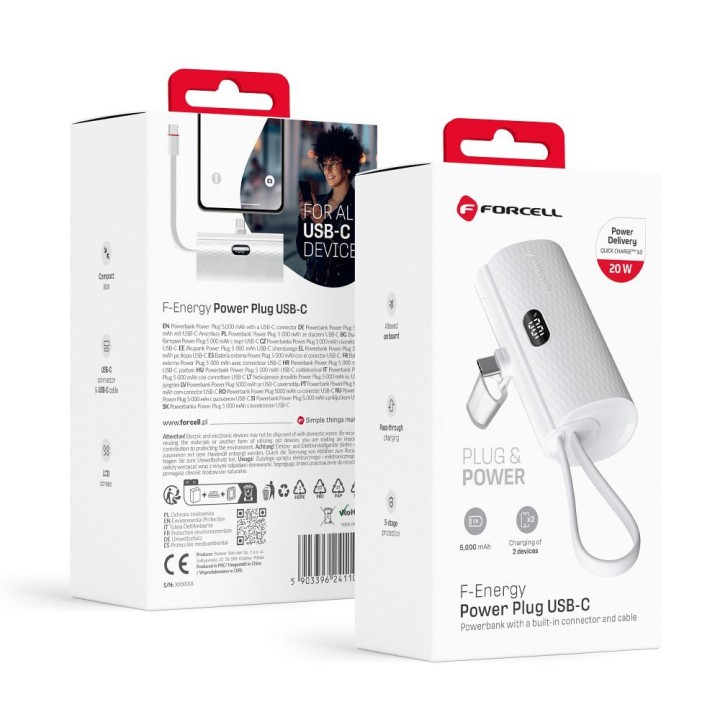Power bank Forcell F-Energy Power Plug F5K3 PD 20W 5000 mAh with built-in connector USB C white