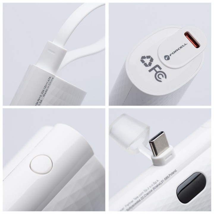 Повербанк Forcell F-Energy Power Plug F5K3 PD 20W 5000 mAh со встроенным разъемом USB C белый