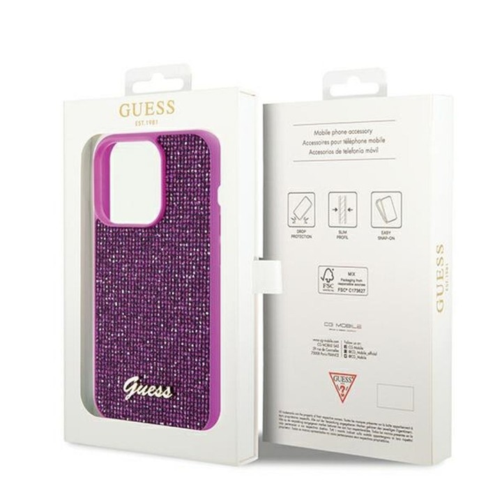 GUESS futerał do IPHONE 14 Pro GUHCP14LPMSDGSF (Disco Script Metal) fuksja