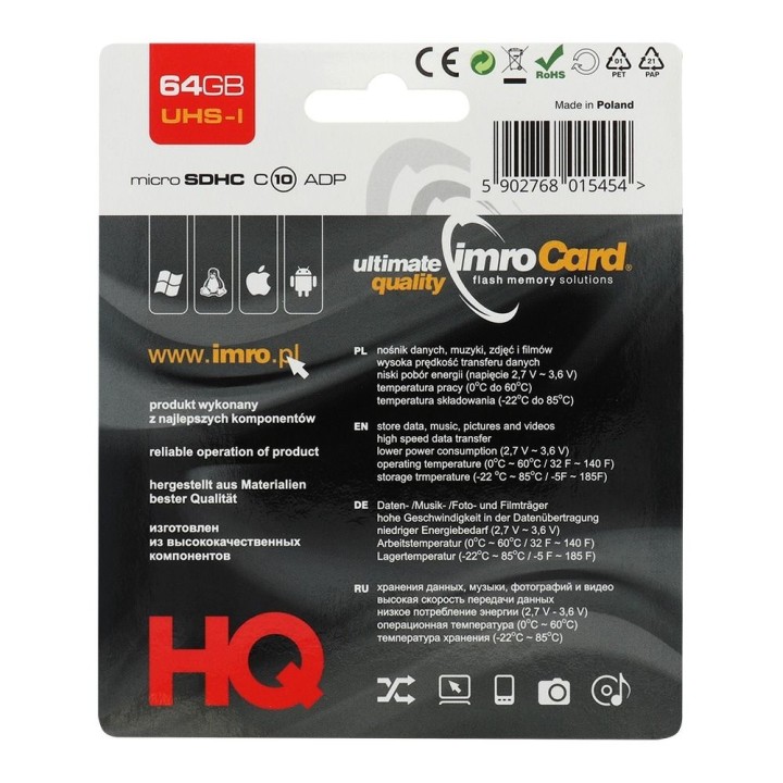IMRO memory card microSD 64GB 100MB/s class 10 UHS I with SD adapter