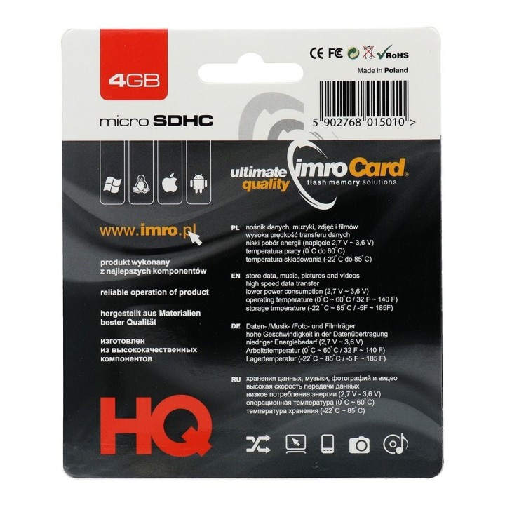 IMRO карта памяти microSD 4GB 100MB/s class 10 UHS И с адаптером SD