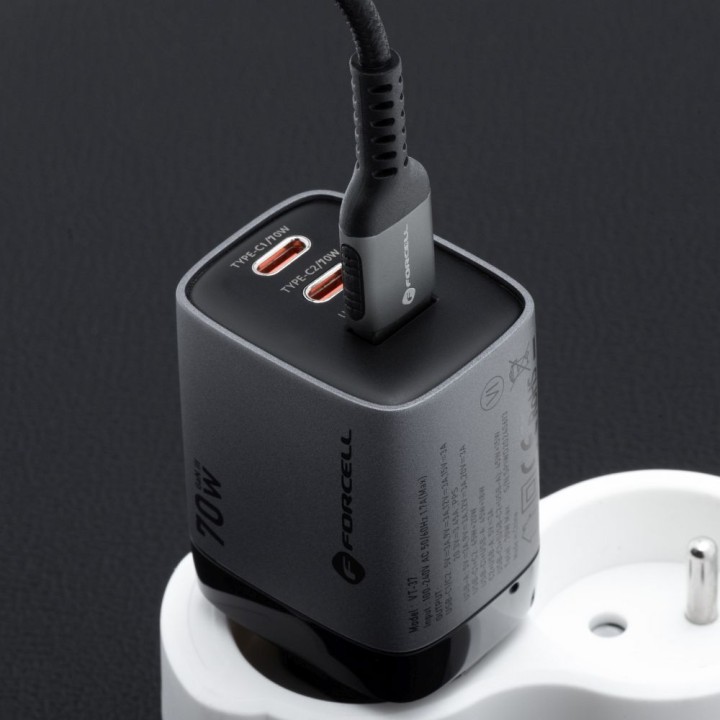 Сетевое зарядное устройство для телефона Forcell F-Energy GaN III 2 x USB C + USB A QC4.0 3,45A PD 70W SAM SFC2.0 с LCD-дисплеем