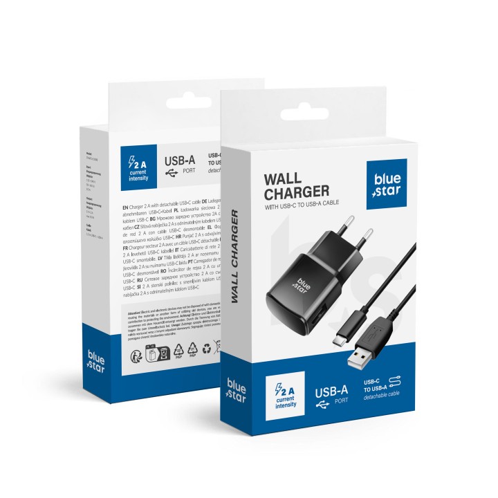Wall charger for phone Blue Star USB A 2A 10W + cable USB A to USB C TFK-TC-1100B black
