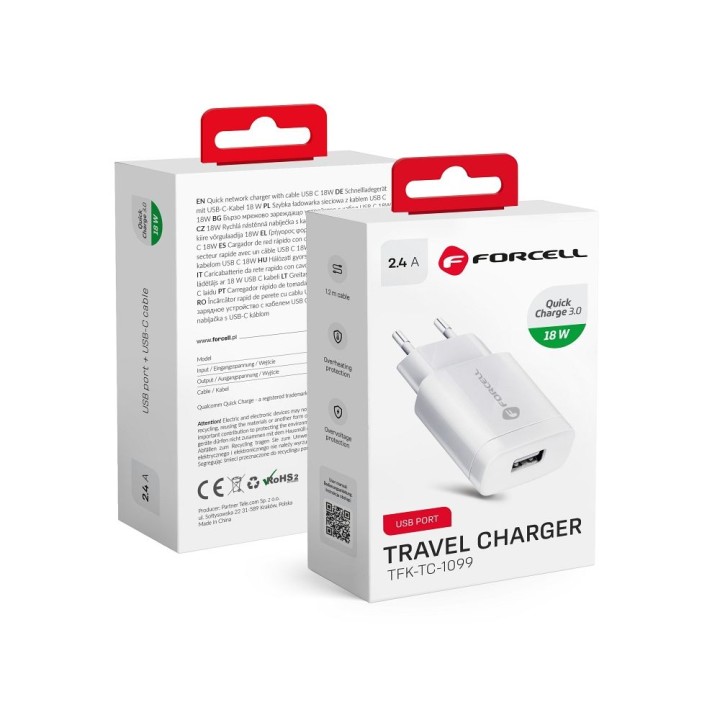 Wall charger for phone Forcell F-Energy USB A QC3.0 2,4A 18W TFK-TC-1099 white