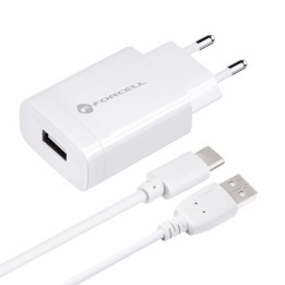 Wall charger for phone Forcell F-Energy USB A QC3.0 2,4A 18W + USB-A to USB-C cable TFK-TC-1099 white
