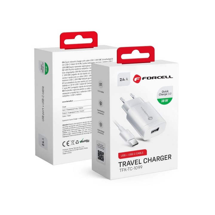 Wall charger for phone Forcell F-Energy USB A QC3.0 2,4A 18W + cable USB A to USB C TFK-TC-1099 white