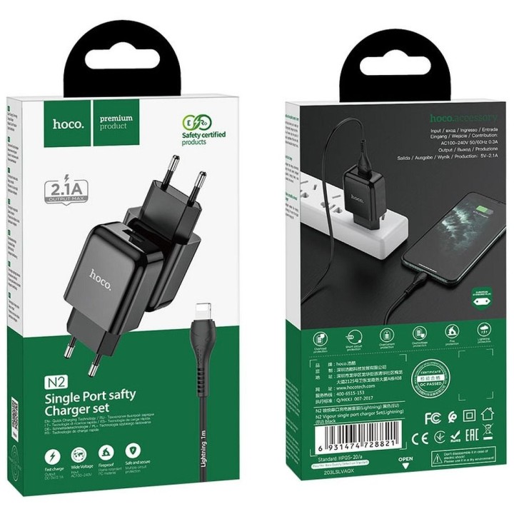 Wall charger for phone Hoco USB A 2A 10W + cable USB A to Lightning N2 black