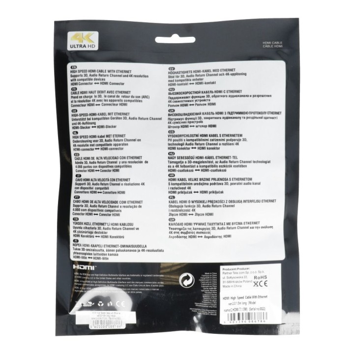 Kabel HDMI do HDMI 4K 60Hz High Speed with Ethernet wer. 2.0 BLISTER 1,5 m czarny