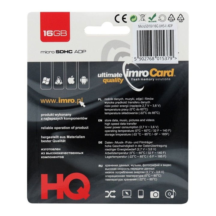 IMRO карта памяти microSD 16GB 100MB/s class 10 UHS И с адаптером SD
