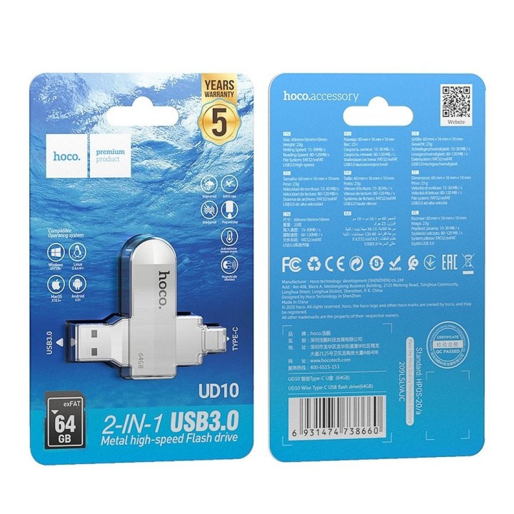 Pendrive 64GB USB 3.0 (USB A + USB C) Hoco UD10 srebrny