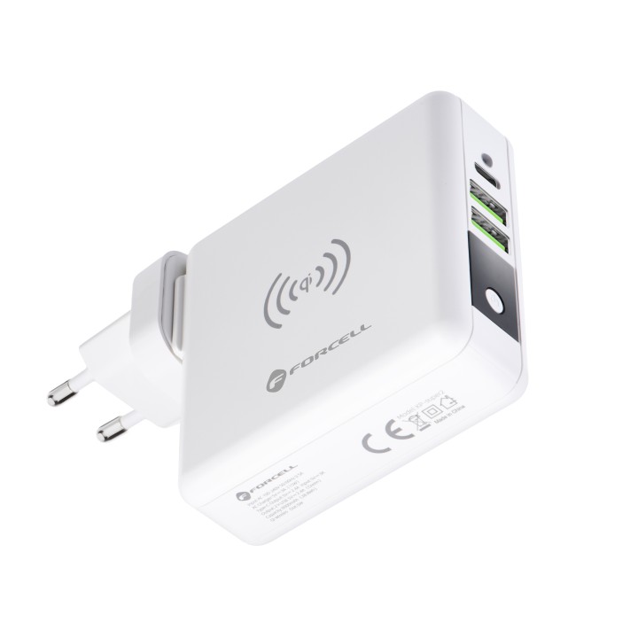 Multifunction charger Forcell F-Energy 4-in-1 2 x USB A + USB C 15W + power bank 8000mAh + wireless charging white