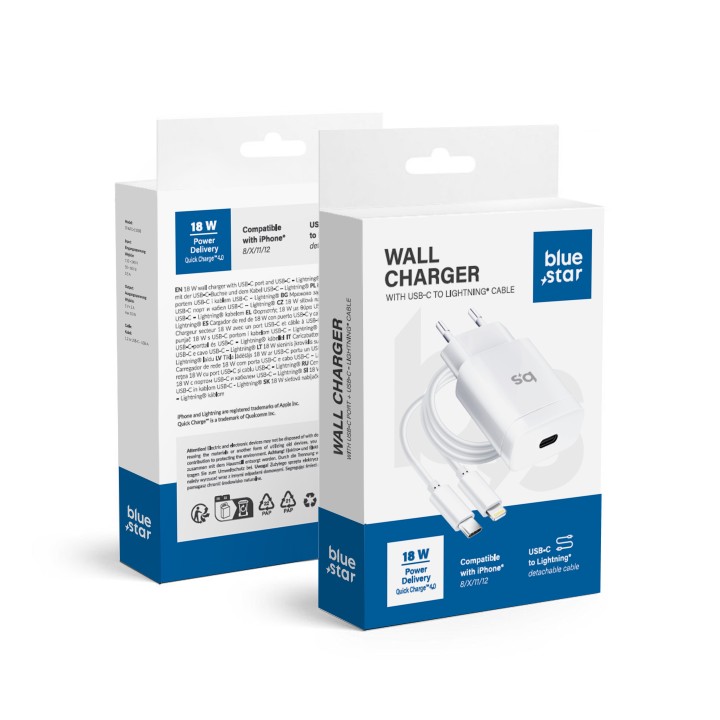 Wall charger for phone Blue Star USB C QC3.0 PD 3A 18W + USB-C to Lightning cable TFK-TC-1099C white