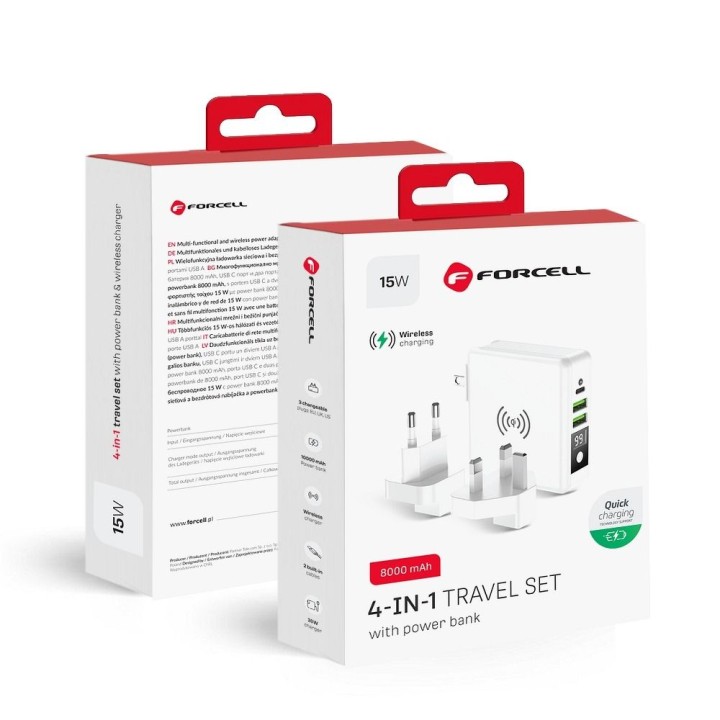 Wielofunkcyjna ładowarka Forcell F-Energy 4w1 2 x USB A + USB C 15W + power bank 8000mAh + ładowanie bezprzewodowe biała