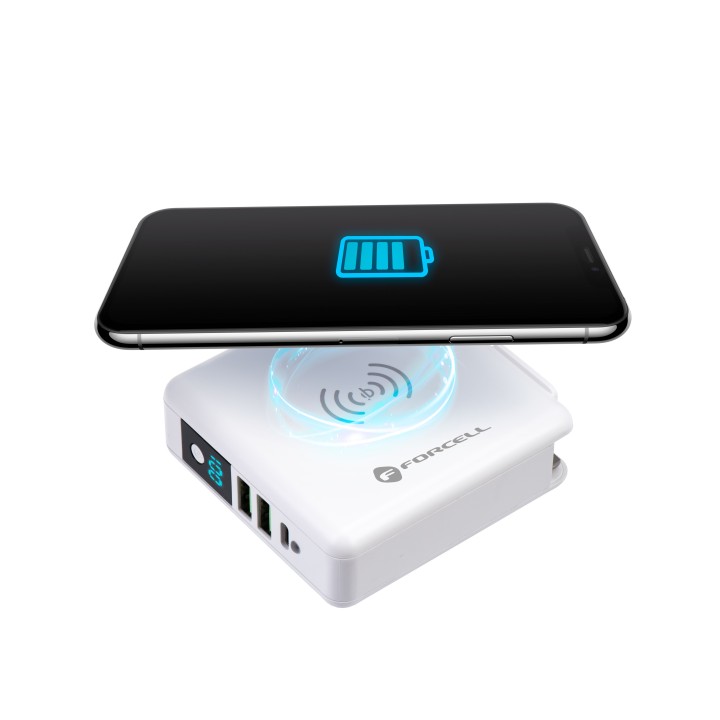 Wielofunkcyjna ładowarka Forcell F-Energy 4w1 2 x USB A + USB C 15W + power bank 8000mAh + ładowanie bezprzewodowe biała