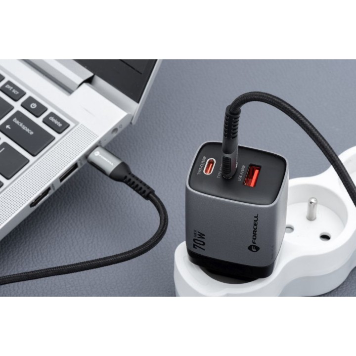Сетевое зарядное устройство для телефона Forcell F-Energy GaN III 2 x USB C + USB A QC4.0 3,45A PD 70W SAM SFC2.0 с LCD-дисплеем