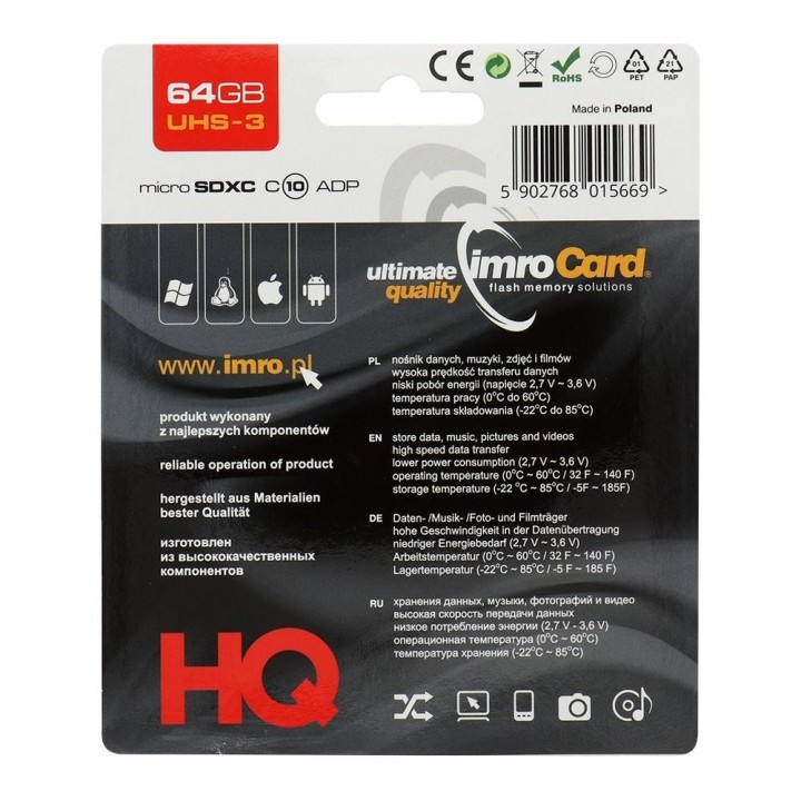 IMRO memory card microSD 64GB 100MB/s class 10 UHS 3 with SD adapter