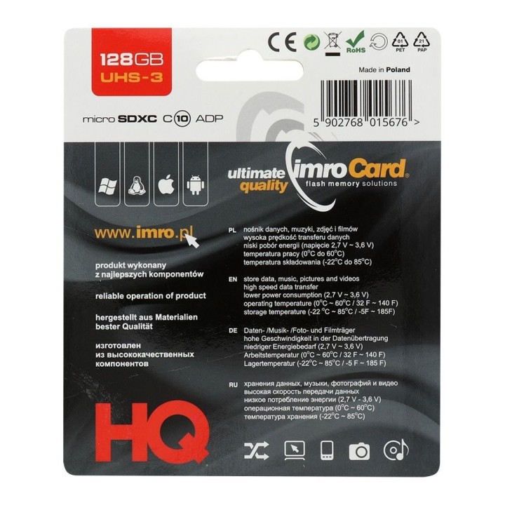 IMRO memory card microSD 128GB 100MB/s class 10 UHS 3 4K with adapter SD
