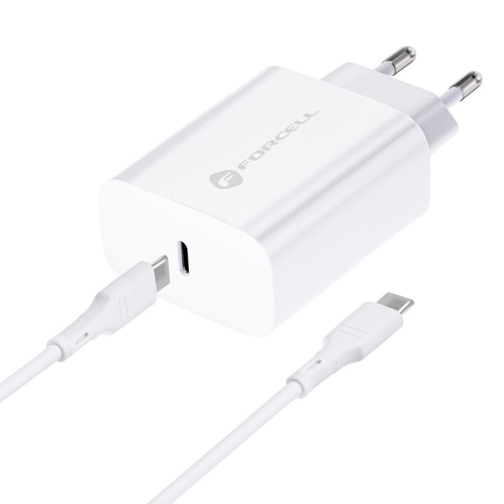 Wall charger for phone Forcell F-Energy USB C QC4.0 PD 3A 25W + cable USB C to USB C TFK-TC-25WPD white