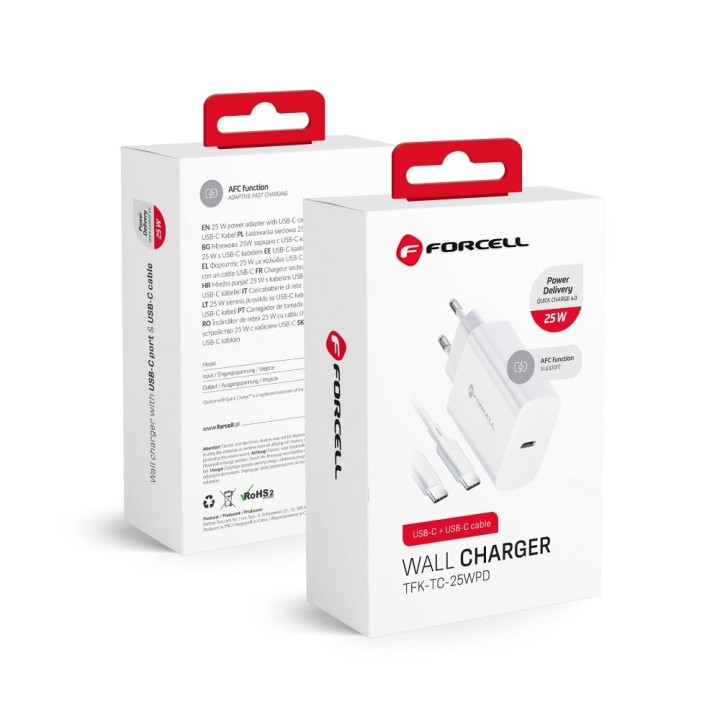 Сетевое зарядное устройство для телефона Forcell F-Energy USB C QC4.0 PD 3A 25W + кабель USB-C – USB-C TFK-TC-25WPD белое