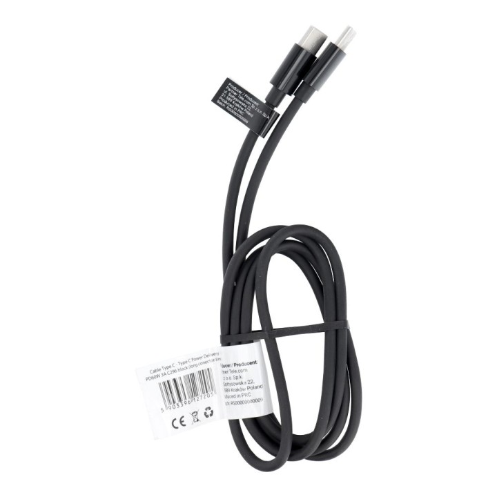 Кабель USB C — USB C PD QC 3A 60W 1 m C296 (длинный наконечник 8mm) черный