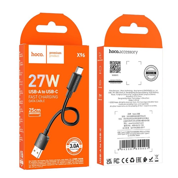 Кабель USB A — USB C Hoco PD 2,4A 27W 0,25 m X96 черный