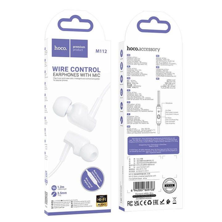 Headphones wired in-ear Jack 3,5 mm Hoco M112 white