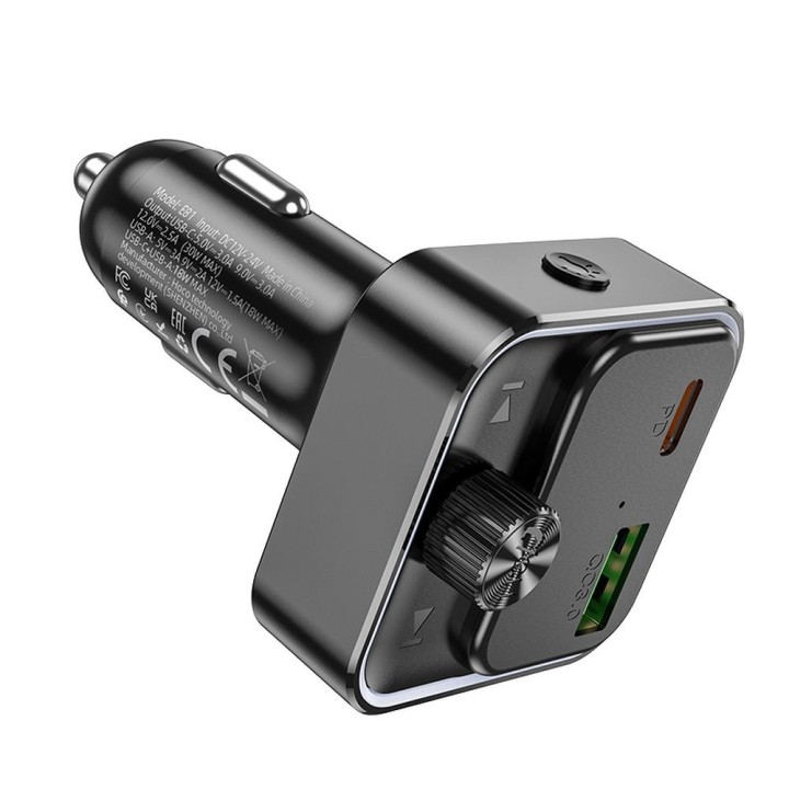 Car charger Hoco USB A + USB C QC3.0 PD 30W with transmiterem E81 black