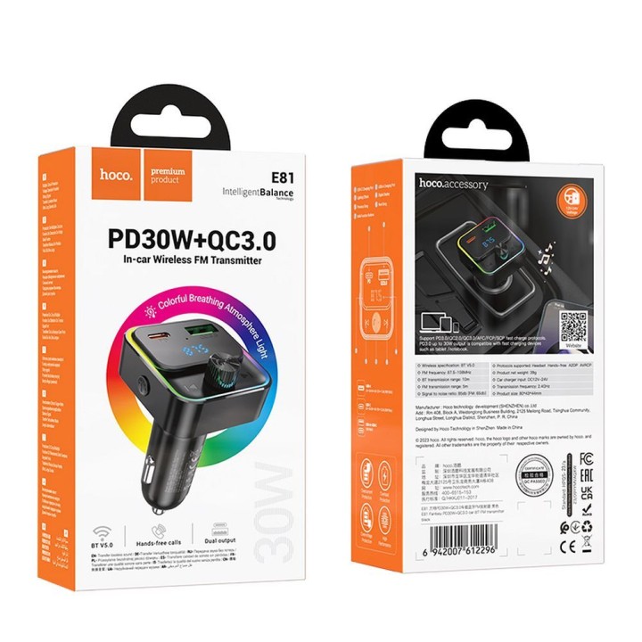 Автомобільний зарядний пристрій Hoco USB A + USB C QC3.0 PD 30W з трансмітером E81 чорний