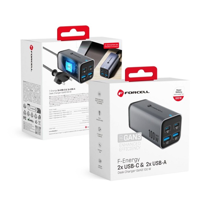 Desktop charger Forcell F-Energy GaN III 2 x USB C + 2 x USB A QC4.0 PD 5A 100W VT-49 grey