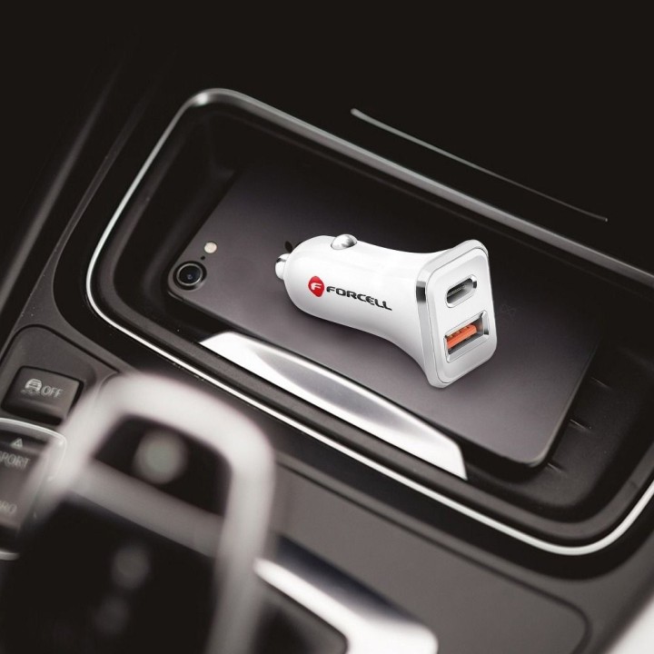FORCELL car charger USB 3.0 + USB C Quick Charging + Power Delivery PD20W 4A CC-QCPD01 white