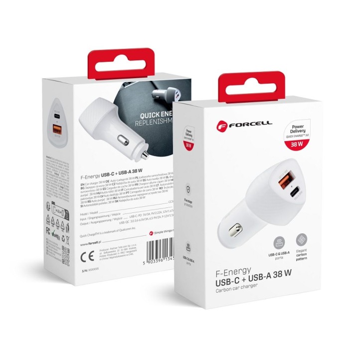 Автомобильное зарядное устройство Forcell F-Energy Carbon USB C + USB A QC3.0 PD 3A 38W CC50-1A1C белое
