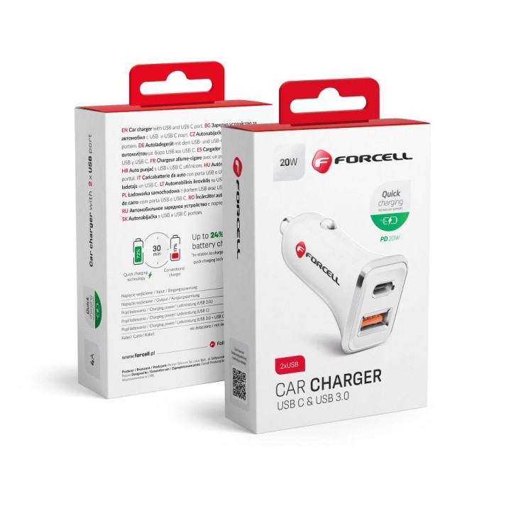 FORCELL автомобільний зарядний пристрій USB 3.0 + USB C Quick Charging + Power Delivery PD20W 4A CC-QCPD01 білий