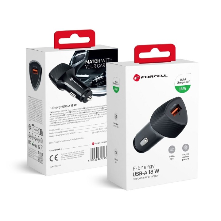 Автомобильное зарядное устройство Forcell F-Energy Carbon USB A QC3.0 3A 18W CC50-1A черное