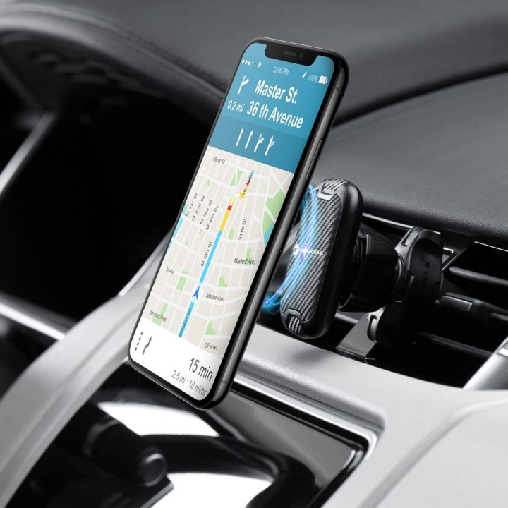Магнитный автомобильный держатель для телефона Forcell F-Grip Carbon H-CT325 на решетку черный