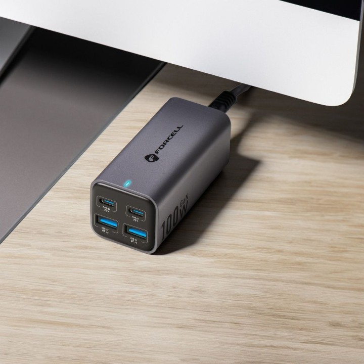 Настільний зарядний пристрій Forcell F-Energy GaN III 2 x USB C + 2 x USB A QC4.0 PD 5A 100W VT-49 сірий