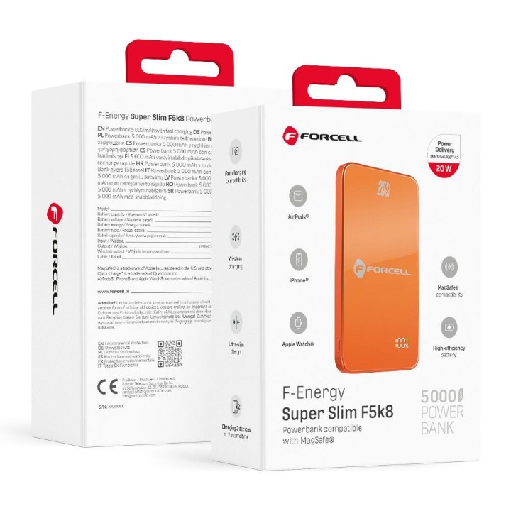 Повербанк сумісний з MagSafe Forcell F-Energy SuperSlim F5K8 QC4.0 PD3.0 15W 5000 mAh помаранчевий 0INT