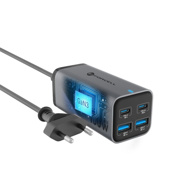 Ładowarka biurkowa Forcell F-Energy GaN III 2 x USB C + 2 x USB A QC4.0 PD 5A 100W VT-49 szara