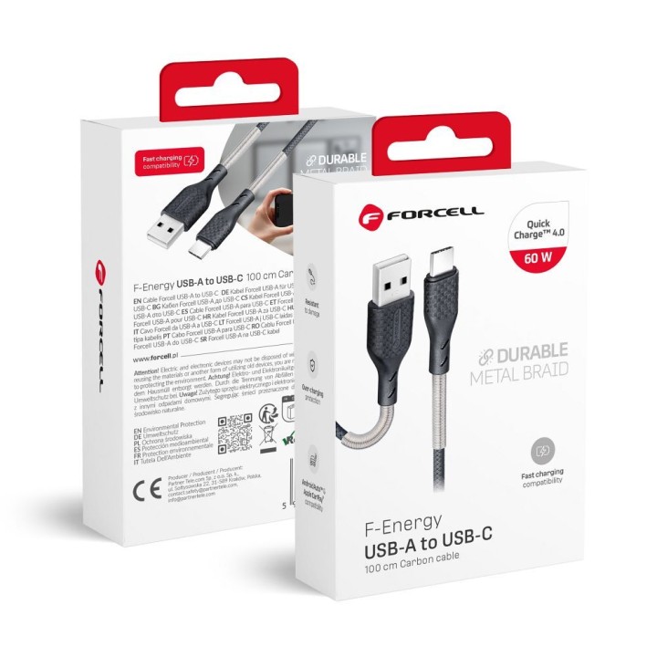 Кабель USB-A – USB-C Forcell F-Energy QC4.0 5A 60W Carbon 1 m CB-02A чорний