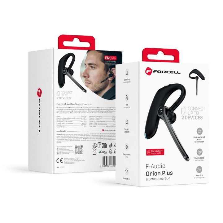 Headset wireless mono (ENC, Multipoint, BT 6.0 + EDR, 170mah) FORCELL Orion Plus black 0INT