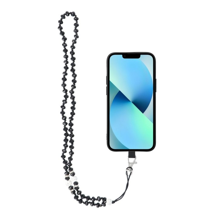 Phone lanyard, charm for phone - CRYSTAL DIAMON / cord length 74cm (37cm in a loop) / neck - black
