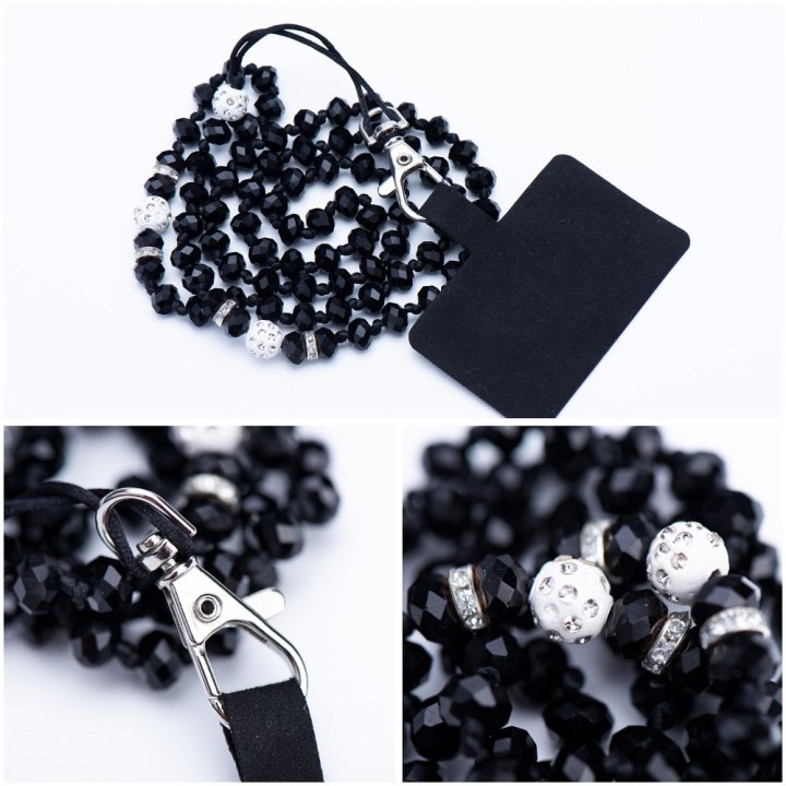 Phone lanyard, charm for phone - CRYSTAL DIAMON / cord length 74cm (37cm in a loop) / neck - black