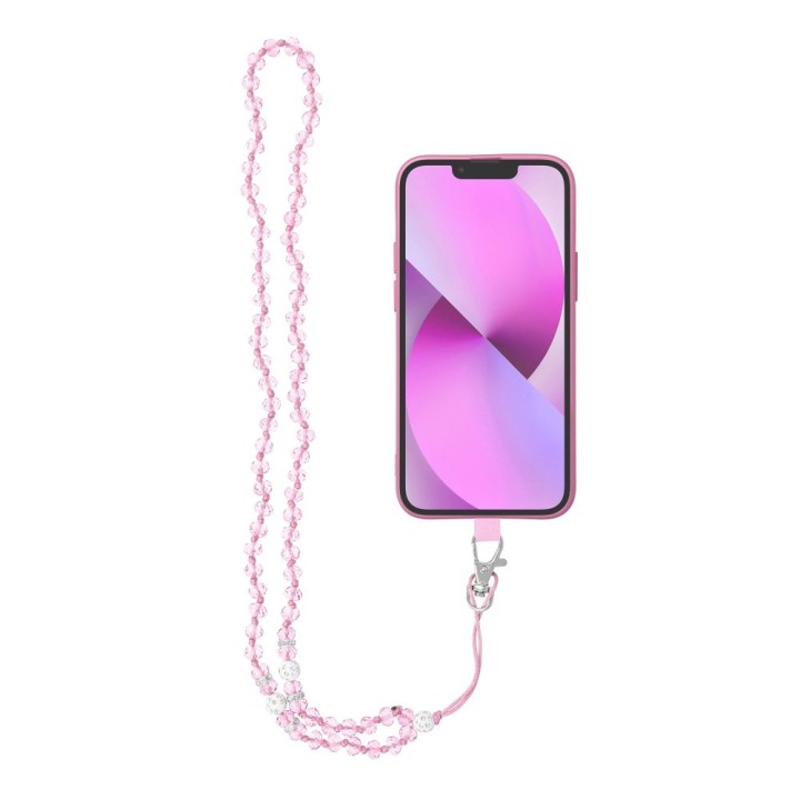 Phone lanyard, charm for phone - CRYSTAL DIAMON / cord length 74cm (37cm in a loop) / neck - light pink