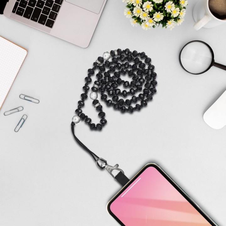 Phone lanyard, charm for phone - CRYSTAL DIAMON / cord length 74cm (37cm in a loop) / neck - black