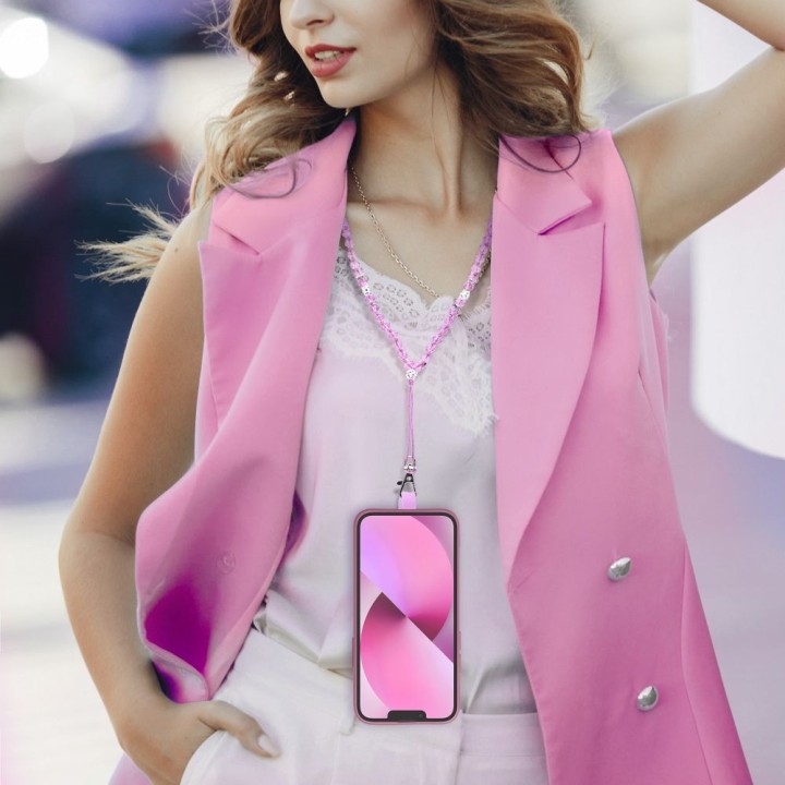 Phone lanyard, charm for phone - CRYSTAL DIAMON / cord length 74cm (37cm in a loop) / neck - light pink