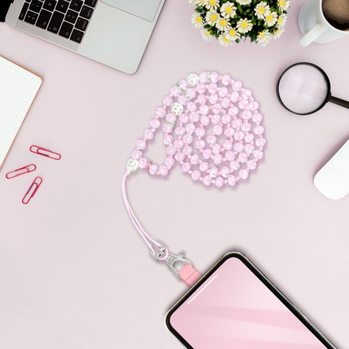 Phone lanyard, charm for phone - CRYSTAL DIAMON / cord length 74cm (37cm in a loop) / neck - light pink