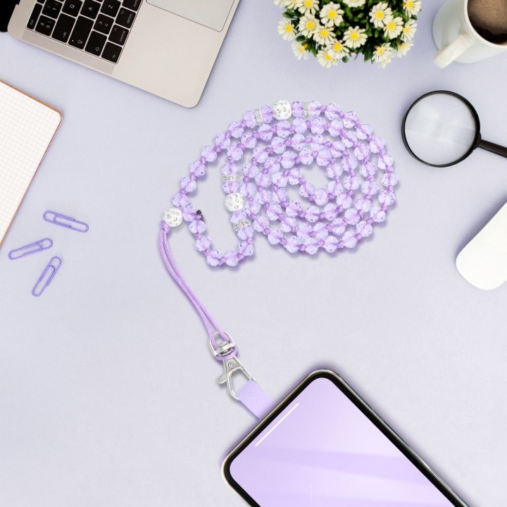 Phone lanyard, charm for phone - CRYSTAL DIAMON / cord length 74cm (37cm in a loop) / neck - purple
