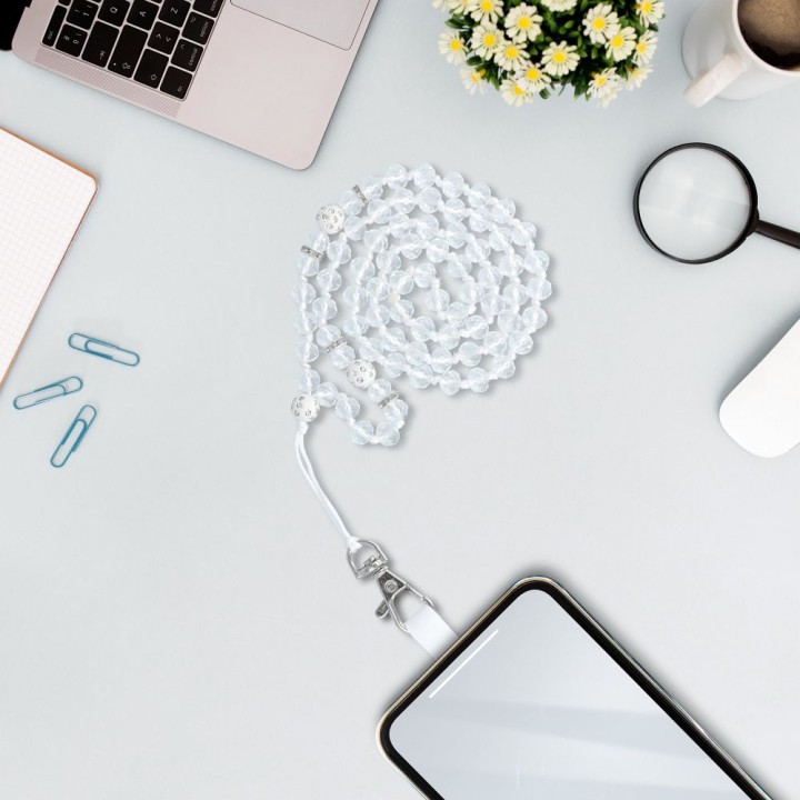 Phone lanyard, charm for phone - CRYSTAL DIAMON / cord length 74cm (37cm in a loop) / neck - white